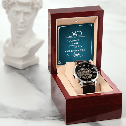 To My Dad - Father's Day Gift - Men's Openwork Watch with Mahogany Style Luxury Box
