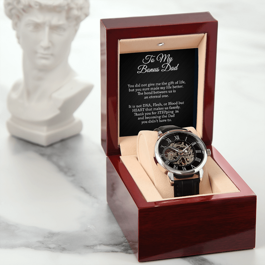 To My Bonus Dad - Father's Day Gift - Men's Openwork Watch with Mahogany Style Luxury Box