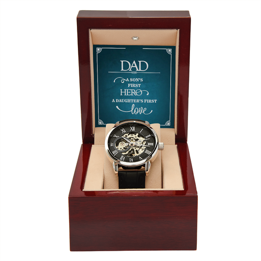 To My Dad - Father's Day Gift - Men's Openwork Watch with Mahogany Style Luxury Box