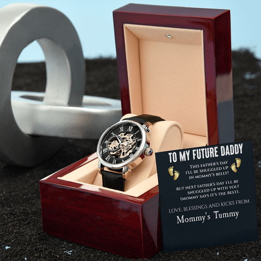To My Future Daddy - Father's Day Gift - Men's Openwork Watch with Mahogany Style Luxury Box