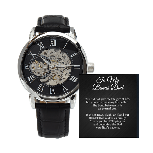 To My Bonus Dad - Father's Day Gift - Men's Openwork Watch with Mahogany Style Luxury Box